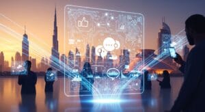 Silhouetted people use digital devices against a cityscape backdrop at sunset. Futuristic holograms of social and tech icons float in the air, suggesting connectivity.