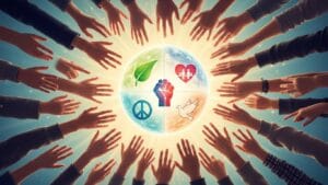 Hands of diverse people reach towards a globe divided into four parts with symbols of a leaf, heart, peace sign, fist, and dove, symbolizing unity and peace.
