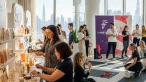 People browse skincare products and participate in a fitness class in a bright room with a skyline view. The atmosphere is lively and engaging.