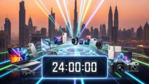 Collection of electronics like laptops, cameras, and smartwatches on a neon-lined path with a city skyline. A digital timer displays 24:00:00, suggesting a futuristic or countdown theme.