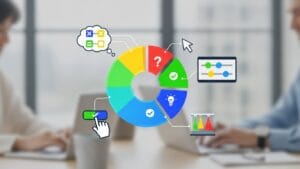 Two individuals work on laptops, surrounded by a colorful pie chart and icons representing tasks, analysis, and ideas.