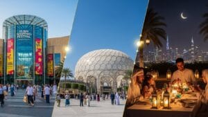 Collage of Dubai scenes: a bustling shopping festival, a stunning architectural dome, and an evening dining setup with city skyline views.