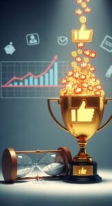 A golden trophy overflowing with thumbs-up emojis beside a cracked hourglass, symbolizing success and the passage of time.