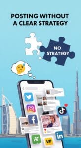 A smartphone displays social media logos and notifications against a blue background, emphasizing the need for a clear posting strategy.