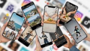 A collage of smartphones displaying various videos, including travel vlogs, cooking, and fitness, held by hands against a blurred background.