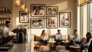 Cozy cafe with a warm ambiance features five people chatting and working on laptops around tables. Framed photos and pendant lights adorn the walls.