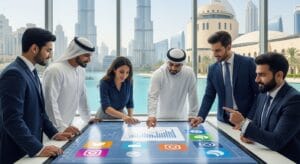 A group of six professionals in formal attire engage over a digital table displaying social media icons and graphs, set against a cityscape with skyscrapers.