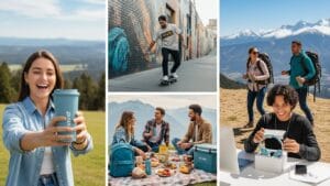A collage featuring outdoor activities: a woman holding a drink, a skateboarder, friends picnicking, and hikers in the mountains.