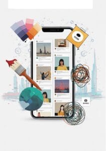 A smartphone displays various social media posts, surrounded by design elements like paintbrushes, color palettes, and abstract graphics.