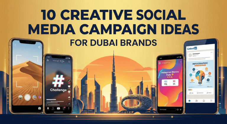 Vibrant image featuring the skyline of Dubai with iconic skyscrapers at sunset. Four smartphones depict social media apps, highlighting '10 Creative Social Media Campaign Ideas for Dubai Brands.' A futuristic and engaging tone is conveyed