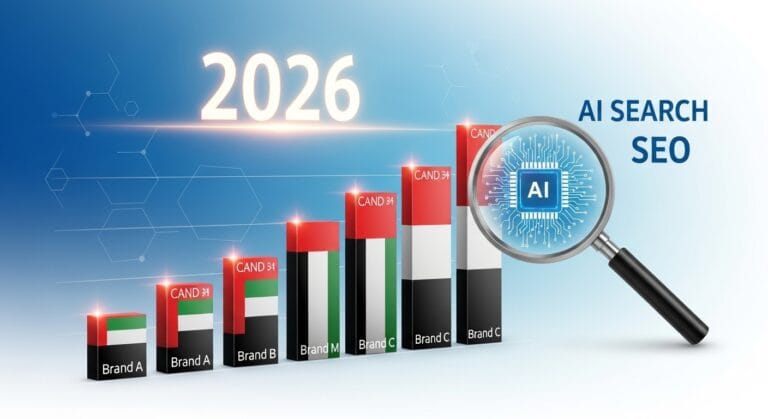 Bar graph representing brands for 2026, highlighting "SEO for AI Search" with a magnifying glass over an AI circuit design.
