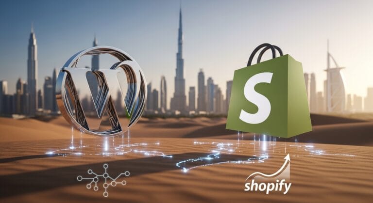 A landscape featuring the WordPress logo on the left and the Shopify logo on the right, set against a futuristic city skyline. WordPress vs Shopify in UAE