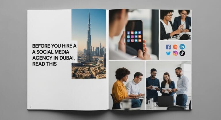A sleek magazine page features Dubai's skyline and social media icons, with text advising on hiring social media agencies. Social Media Agency in Dubai