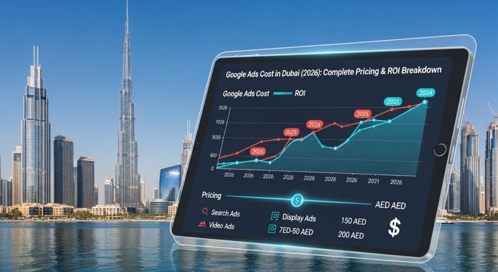 A digital tablet displays a chart of Google Ads cost in Dubai, with projected ROI from 2021 to 2026, against a skyline backdrop.