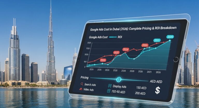 A digital tablet displays a chart of Google Ads cost in Dubai, with projected ROI from 2021 to 2026, against a skyline backdrop.