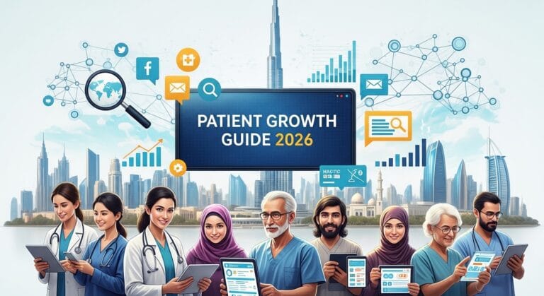 Illustration of diverse healthcare professionals holding digital devices, with a backdrop featuring skyscrapers and data visualizations for a patient growth guide. Healthcare Digital Marketing in UAE