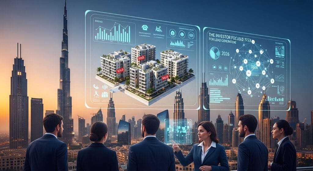 Business professionals view 3D real estate models against a futuristic city skyline, showcasing sold properties and data analytics.