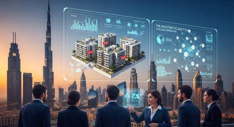 Business professionals view 3D real estate models against a futuristic city skyline, showcasing sold properties and data analytics.